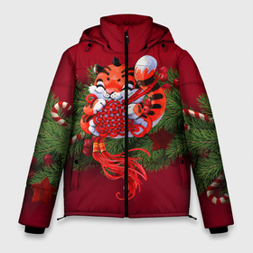 Мужская зимняя куртка 3D с принтом Игривый китайский тигр в Белгороде, верх — 100% полиэстер; подкладка — 100% полиэстер; утеплитель — 100% полиэстер | длина ниже бедра, свободный силуэт Оверсайз. Есть воротник-стойка, отстегивающийся капюшон и ветрозащитная планка. 

Боковые карманы с листочкой на кнопках и внутренний карман на молнии. | 2022 | год тигра | новый год | новый год 2022 | символ года | тигр | тигренок | тигрица | тигры