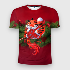 Мужская футболка 3D Slim с принтом Игривый китайский тигр , 100% полиэстер с улучшенными характеристиками | приталенный силуэт, круглая горловина, широкие плечи, сужается к линии бедра | 2022 | год тигра | новый год | новый год 2022 | символ года | тигр | тигренок | тигрица | тигры