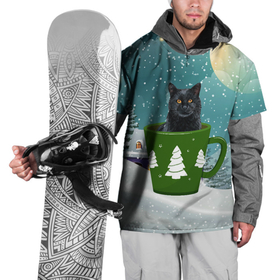 Накидка на куртку 3D с принтом Черный кот в кружке в Екатеринбурге, 100% полиэстер |  | Тематика изображения на принте: зима | кот | котенок | котик | котики | кошка | новогодняя | новый год | рождество | тепло