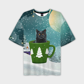 Мужская футболка OVERSIZE 3D с принтом Черный кот в кружке в Курске,  |  | Тематика изображения на принте: зима | кот | котенок | котик | котики | кошка | новогодняя | новый год | рождество | тепло