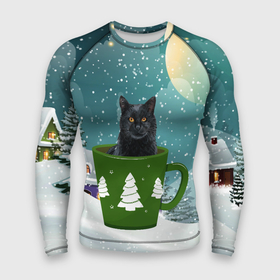 Мужской рашгард 3D с принтом Черный кот в кружке в Курске,  |  | зима | кот | котенок | котик | котики | кошка | новогодняя | новый год | рождество | тепло