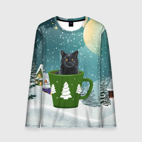 Мужской лонгслив 3D с принтом Черный кот в кружке в Курске, 100% полиэстер | длинные рукава, круглый вырез горловины, полуприлегающий силуэт | зима | кот | котенок | котик | котики | кошка | новогодняя | новый год | рождество | тепло