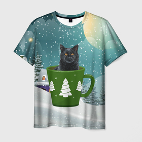 Мужская футболка 3D с принтом Черный кот в кружке в Курске, 100% полиэфир | прямой крой, круглый вырез горловины, длина до линии бедер | Тематика изображения на принте: зима | кот | котенок | котик | котики | кошка | новогодняя | новый год | рождество | тепло