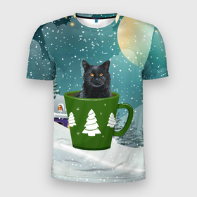 Мужская футболка 3D Slim с принтом Черный кот в кружке в Белгороде, 100% полиэстер с улучшенными характеристиками | приталенный силуэт, круглая горловина, широкие плечи, сужается к линии бедра | зима | кот | котенок | котик | котики | кошка | новогодняя | новый год | рождество | тепло