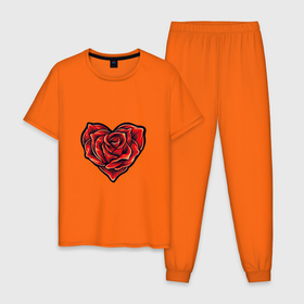Мужская пижама хлопок с принтом Роза в сердце в Белгороде, 100% хлопок | брюки и футболка прямого кроя, без карманов, на брюках мягкая резинка на поясе и по низу штанин
 | арт | иллюстрация | красный | любовь | сердце | цветок