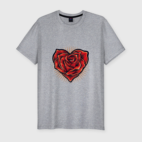 Мужская футболка хлопок Slim с принтом Роза в сердце в Тюмени, 92% хлопок, 8% лайкра | приталенный силуэт, круглый вырез ворота, длина до линии бедра, короткий рукав | арт | иллюстрация | красный | любовь | сердце | цветок