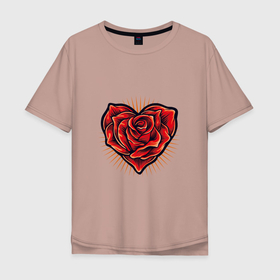 Мужская футболка хлопок Oversize с принтом Роза в сердце в Екатеринбурге, 100% хлопок | свободный крой, круглый ворот, “спинка” длиннее передней части | арт | иллюстрация | красный | любовь | сердце | цветок