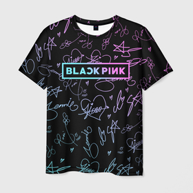 Мужская футболка 3D с принтом NEON BLACKPINK АВТОГРАФЫ в Курске, 100% полиэфир | прямой крой, круглый вырез горловины, длина до линии бедер | black  pink | blackpink | ddudu ddudu | jennie | jisoo | kpop | lalisa | lisa | neon | rose | блекпинк | группа | ддуду ддуду | дженни | джису | корейская группа | кпоп | лисы | неон | розовый | розэ | черный