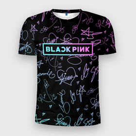 Мужская футболка 3D Slim с принтом NEON BLACKPINK АВТОГРАФЫ в Курске, 100% полиэстер с улучшенными характеристиками | приталенный силуэт, круглая горловина, широкие плечи, сужается к линии бедра | black  pink | blackpink | ddudu ddudu | jennie | jisoo | kpop | lalisa | lisa | neon | rose | блекпинк | группа | ддуду ддуду | дженни | джису | корейская группа | кпоп | лисы | неон | розовый | розэ | черный