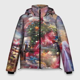 Мужская зимняя куртка 3D с принтом Ностальгия Рождества в Новосибирске, верх — 100% полиэстер; подкладка — 100% полиэстер; утеплитель — 100% полиэстер | длина ниже бедра, свободный силуэт Оверсайз. Есть воротник-стойка, отстегивающийся капюшон и ветрозащитная планка. 

Боковые карманы с листочкой на кнопках и внутренний карман на молнии. | Тематика изображения на принте: винтаж | гирдянда | елка | зима | милый | нежный | новый год | пастельный | праздник | ретро | рождество | розовый | семейный | сиреневый