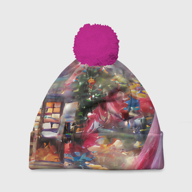 Шапка 3D c помпоном с принтом Ностальгия Рождества в Тюмени, 100% полиэстер | универсальный размер, печать по всей поверхности изделия | винтаж | гирдянда | елка | зима | милый | нежный | новый год | пастельный | праздник | ретро | рождество | розовый | семейный | сиреневый