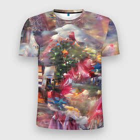 Мужская футболка 3D Slim с принтом Ностальгия Рождества в Кировске, 100% полиэстер с улучшенными характеристиками | приталенный силуэт, круглая горловина, широкие плечи, сужается к линии бедра | винтаж | гирдянда | елка | зима | милый | нежный | новый год | пастельный | праздник | ретро | рождество | розовый | семейный | сиреневый