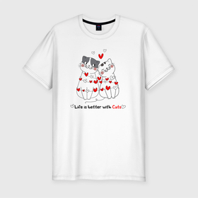 Мужская футболка хлопок Slim с принтом КОТИКИ НАШЕ ВСЁ в Новосибирске, 92% хлопок, 8% лайкра | приталенный силуэт, круглый вырез ворота, длина до линии бедра, короткий рукав | Тематика изображения на принте: 14 | 14 февраля | cat | cats | love | murr | две половины | двое | для двоих | жить | киса | кот | котик | котя | кусь | лучше | любовь | милые | мур | мурчит | подарок | праздник | с котиками | тепло