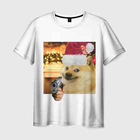 Мужская футболка 3D с принтом Новогодняя собака злоупотребляет второй поправкой в Белгороде, 100% полиэфир | прямой крой, круглый вырез горловины, длина до линии бедер | ёлка | новый год | пистолет | смешной | собака