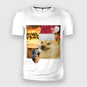 Мужская футболка 3D Slim с принтом Новогодняя собака злоупотребляет второй поправкой в Петрозаводске, 100% полиэстер с улучшенными характеристиками | приталенный силуэт, круглая горловина, широкие плечи, сужается к линии бедра | ёлка | новый год | пистолет | смешной | собака