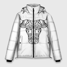 Мужская зимняя куртка 3D с принтом Бык с узором в Екатеринбурге, верх — 100% полиэстер; подкладка — 100% полиэстер; утеплитель — 100% полиэстер | длина ниже бедра, свободный силуэт Оверсайз. Есть воротник-стойка, отстегивающийся капюшон и ветрозащитная планка. 

Боковые карманы с листочкой на кнопках и внутренний карман на молнии. | бохо | буйвол | бык | бычок | вол | для мужчины | портрет | рога | рогатый | тату | телец | трайбл | тур | узор