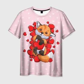 Мужская футболка 3D с принтом Лисенок с сердечками   Little fox and hearts в Петрозаводске, 100% полиэфир | прямой крой, круглый вырез горловины, длина до линии бедер | fox | hearts | love | valentines | valentines day | валентинка | влюбленный | день святого валентина | забавный | лиса | лисенок | любовь | милый | сердечко | сердце