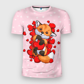 Мужская футболка 3D Slim с принтом Лисенок с сердечками   Little fox and hearts в Новосибирске, 100% полиэстер с улучшенными характеристиками | приталенный силуэт, круглая горловина, широкие плечи, сужается к линии бедра | Тематика изображения на принте: fox | hearts | love | valentines | valentines day | валентинка | влюбленный | день святого валентина | забавный | лиса | лисенок | любовь | милый | сердечко | сердце