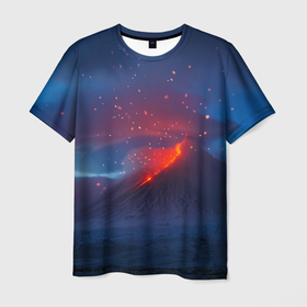 Мужская футболка 3D с принтом Извержение вулкана ночью в Екатеринбурге, 100% полиэфир | прямой крой, круглый вырез горловины, длина до линии бедер | eruption | magma | mountain | volcano | гора | извержение вулкана | магма