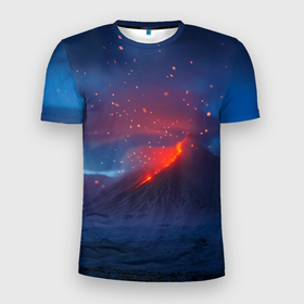 Мужская футболка 3D Slim с принтом Извержение вулкана ночью , 100% полиэстер с улучшенными характеристиками | приталенный силуэт, круглая горловина, широкие плечи, сужается к линии бедра | Тематика изображения на принте: eruption | magma | mountain | volcano | гора | извержение вулкана | магма