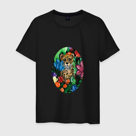 Мужская футболка хлопок с принтом Гепард в сад с тропическими цветами в Новосибирске, 100% хлопок | прямой крой, круглый вырез горловины, длина до линии бедер, слегка спущенное плечо. | африка | африканский | васильки | гепард | глаза | гортензия | дикий | жара | зверь | зеленый | зоология | кот | кошка | красовный | летний | лето | листья | милый | натуральный | овал | охота | охотник