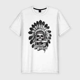 Мужская футболка хлопок Slim с принтом Indian chief в Тюмени, 92% хлопок, 8% лайкра | приталенный силуэт, круглый вырез ворота, длина до линии бедра, короткий рукав | chief | feathers | indian | knife | skull | вождь | индеец | нож | перья | череп