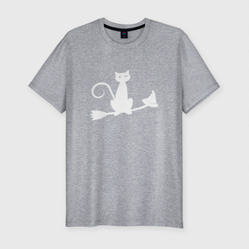 Мужская футболка хлопок Slim с принтом Кошка на метле в Кировске, 92% хлопок, 8% лайкра | приталенный силуэт, круглый вырез ворота, длина до линии бедра, короткий рукав | ведьма | для женщин | женщина | кошка | метла | нечистая сила