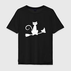 Мужская футболка хлопок Oversize с принтом Кошка на метле , 100% хлопок | свободный крой, круглый ворот, “спинка” длиннее передней части | ведьма | для женщин | женщина | кошка | метла | нечистая сила