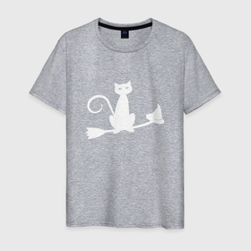 Мужская футболка хлопок с принтом Кошка на метле в Новосибирске, 100% хлопок | прямой крой, круглый вырез горловины, длина до линии бедер, слегка спущенное плечо. | Тематика изображения на принте: ведьма | для женщин | женщина | кошка | метла | нечистая сила