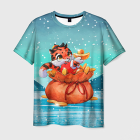 Мужская футболка 3D с принтом Тигренок с мешком денег в Кировске, 100% полиэфир | прямой крой, круглый вырез горловины, длина до линии бедер | 2022 | год тигра | новый год | новый год 2022 | символ года | тигр | тигренок | тигрица | тигры