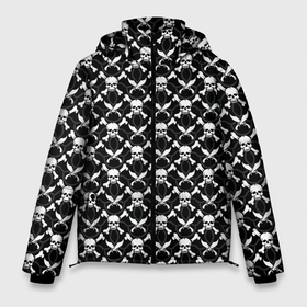 Мужская зимняя куртка 3D с принтом Jolly Rogеr в Петрозаводске, верх — 100% полиэстер; подкладка — 100% полиэстер; утеплитель — 100% полиэстер | длина ниже бедра, свободный силуэт Оверсайз. Есть воротник-стойка, отстегивающийся капюшон и ветрозащитная планка. 

Боковые карманы с листочкой на кнопках и внутренний карман на молнии. | Тематика изображения на принте: bone | bones | chains | jolly roger | knifes | pirat | roger | skull | skulls | веселый роджер | кинжалы | кости | кричащие | ножи | пиратский | пираты | роджер | цепи | череп | черепа