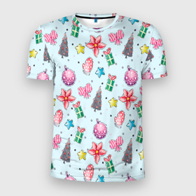 Мужская футболка 3D Slim с принтом Рождество 2022 в Петрозаводске, 100% полиэстер с улучшенными характеристиками | приталенный силуэт, круглая горловина, широкие плечи, сужается к линии бедра | одежа к рождеству | одежка к рождеству | подарок на рождество | прикол рождество | рождественская одежда | рождество 2022 | счастливого рождества