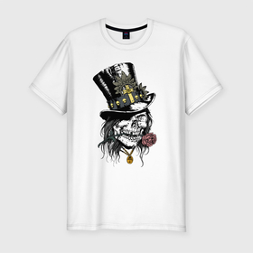Мужская футболка хлопок Slim с принтом Samdi в Тюмени, 92% хлопок, 8% лайкра | приталенный силуэт, круглый вырез ворота, длина до линии бедра, короткий рукав | baron samdi | cross | rose | skull | top hat hat | барон самди | крест | цилиндр | череп | шляпа
