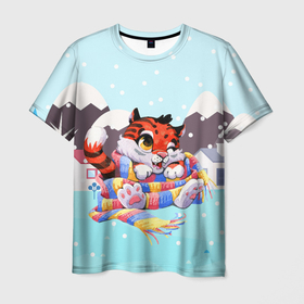Мужская футболка 3D с принтом Тигренок 2022 в шарфе в Санкт-Петербурге, 100% полиэфир | прямой крой, круглый вырез горловины, длина до линии бедер | 2022 | год тигра | новый год | новый год 2022 | символ года | тигр | тигренок | тигрица | тигры