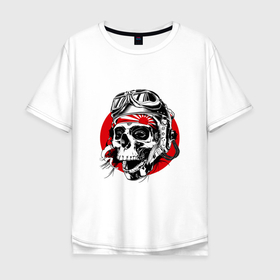 Мужская футболка хлопок Oversize с принтом Pilot kamikadze в Тюмени, 100% хлопок | свободный крой, круглый ворот, “спинка” длиннее передней части | bone | kamikadze | pilot | skull | камикадзе | кость | пилот | череп