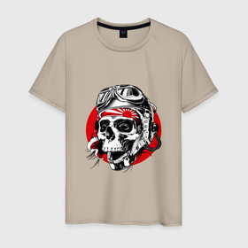 Мужская футболка хлопок с принтом Pilot kamikadze в Тюмени, 100% хлопок | прямой крой, круглый вырез горловины, длина до линии бедер, слегка спущенное плечо. | bone | kamikadze | pilot | skull | камикадзе | кость | пилот | череп