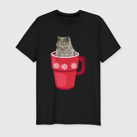 Мужская футболка хлопок Slim с принтом Удивленный кот в кружке в Екатеринбурге, 92% хлопок, 8% лайкра | приталенный силуэт, круглый вырез ворота, длина до линии бедра, короткий рукав | зима | кот | котенок | котик | котики | кошка | новогодняя | новый год | рождество | тепло
