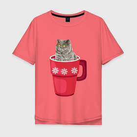 Мужская футболка хлопок Oversize с принтом Удивленный кот в кружке в Белгороде, 100% хлопок | свободный крой, круглый ворот, “спинка” длиннее передней части | зима | кот | котенок | котик | котики | кошка | новогодняя | новый год | рождество | тепло