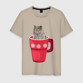 Мужская футболка хлопок с принтом Удивленный кот в кружке в Белгороде, 100% хлопок | прямой крой, круглый вырез горловины, длина до линии бедер, слегка спущенное плечо. | Тематика изображения на принте: зима | кот | котенок | котик | котики | кошка | новогодняя | новый год | рождество | тепло