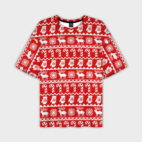 Мужская футболка OVERSIZE 3D с принтом Новогодний принт с оленями, снежинками, варежками и леденцами в Петрозаводске,  |  | варежки | зима | зимний | красный | леденцы | новогодний | новый год | олени | орнамент | снежинки | узор