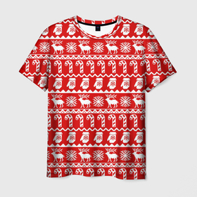 Мужская футболка 3D с принтом Новогодний принт с оленями, снежинками, варежками и леденцами в Курске, 100% полиэфир | прямой крой, круглый вырез горловины, длина до линии бедер | варежки | зима | зимний | красный | леденцы | новогодний | новый год | олени | орнамент | снежинки | узор