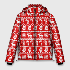 Мужская зимняя куртка 3D с принтом Новогодний принт с оленями, снежинками, варежками и леденцами в Кировске, верх — 100% полиэстер; подкладка — 100% полиэстер; утеплитель — 100% полиэстер | длина ниже бедра, свободный силуэт Оверсайз. Есть воротник-стойка, отстегивающийся капюшон и ветрозащитная планка. 

Боковые карманы с листочкой на кнопках и внутренний карман на молнии. | варежки | зима | зимний | красный | леденцы | новогодний | новый год | олени | орнамент | снежинки | узор
