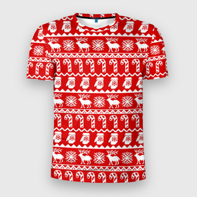 Мужская футболка 3D Slim с принтом Новогодний принт с оленями, снежинками, варежками и леденцами , 100% полиэстер с улучшенными характеристиками | приталенный силуэт, круглая горловина, широкие плечи, сужается к линии бедра | варежки | зима | зимний | красный | леденцы | новогодний | новый год | олени | орнамент | снежинки | узор