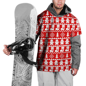 Накидка на куртку 3D с принтом Новогодний принт с пряничными человечками, елками и снежинками , 100% полиэстер |  | елки | зима | зимний | красный | новогодний | новый год | носки | орнамент | пряник | пряничный | снежинки | узор | человечек