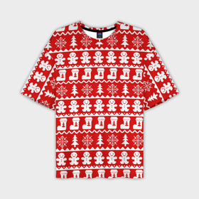 Мужская футболка OVERSIZE 3D с принтом Новогодний принт с пряничными человечками, елками и снежинками в Санкт-Петербурге,  |  | елки | зима | зимний | красный | новогодний | новый год | носки | орнамент | пряник | пряничный | снежинки | узор | человечек