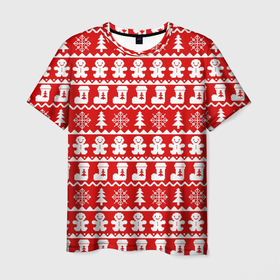 Мужская футболка 3D с принтом Новогодний принт с пряничными человечками, елками и снежинками , 100% полиэфир | прямой крой, круглый вырез горловины, длина до линии бедер | Тематика изображения на принте: елки | зима | зимний | красный | новогодний | новый год | носки | орнамент | пряник | пряничный | снежинки | узор | человечек