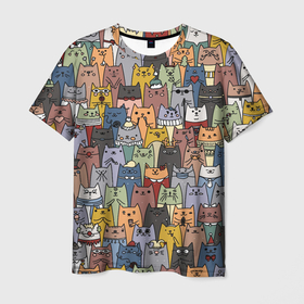 Мужская футболка 3D с принтом The Коты в Тюмени, 100% полиэфир | прямой крой, круглый вырез горловины, длина до линии бедер | cats | дудлинг | котики | коты | кошки | паттерн