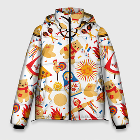 Мужская зимняя куртка 3D с принтом Масленница 2022 в Екатеринбурге, верх — 100% полиэстер; подкладка — 100% полиэстер; утеплитель — 100% полиэстер | длина ниже бедра, свободный силуэт Оверсайз. Есть воротник-стойка, отстегивающийся капюшон и ветрозащитная планка. 

Боковые карманы с листочкой на кнопках и внутренний карман на молнии. | 2022 | блины | масленница | праздник | русские народные | чучело