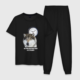 Мужская пижама хлопок с принтом Мем про волка АУФ в Кировске, 100% хлопок | брюки и футболка прямого кроя, без карманов, на брюках мягкая резинка на поясе и по низу штанин
 | волк | мем | прикол | цирк | цитата