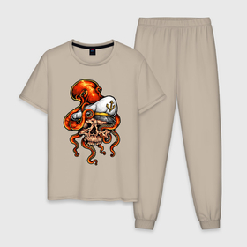 Мужская пижама хлопок с принтом Skull cаp в Белгороде, 100% хлопок | брюки и футболка прямого кроя, без карманов, на брюках мягкая резинка на поясе и по низу штанин
 | Тематика изображения на принте: caotain | cap | octopus | skull | капитан | моряк | осьминог | череп | якорь